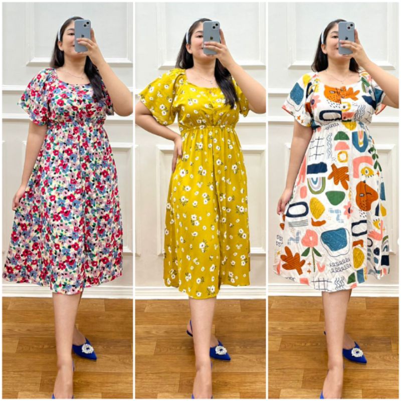 BISA LIDYA DRESS MOTIF LYDIA MIDI DRESS KOREA PENDEK RUFFLE BUSUI KANCING RAYON VISCOSE DAILY DRESS 