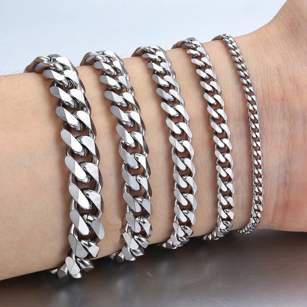 Gelang Rantai Bahan Stainless Steel Warna Silver Gaya Punk Untuk Pria