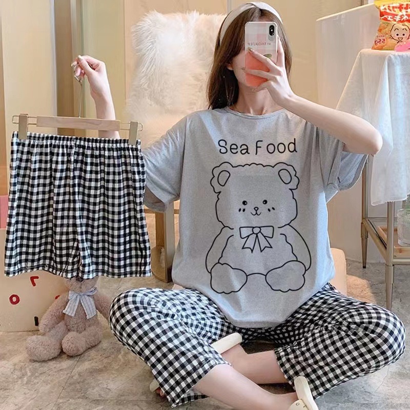 MURHOL Set 3in1 Baju Tidur Wanita Piyama Celana Pendek Celana Panjang Setelan Perempuan Karakter