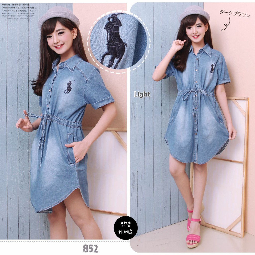 BR17599 - POLO DRESS JEANS SERUT DRES PAKAIAN WANITA LENGAN PENDEK TERBARU TERMURAH KEKINIAN