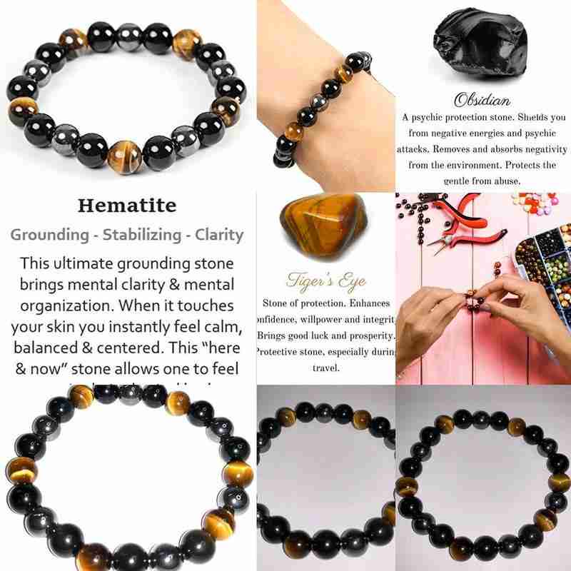 Gelang Batu Natural Black Obsidian Hematite Tiger Eye Health Protection