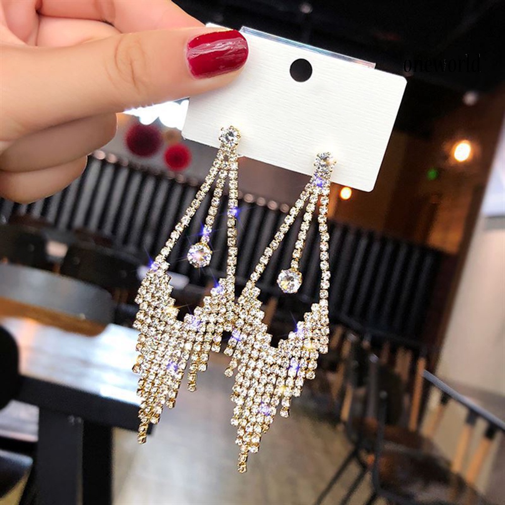 OW@ Luxury Geometric Tassel Rhinestone Long Dangle Women Stud Earrings Jewelry Gift