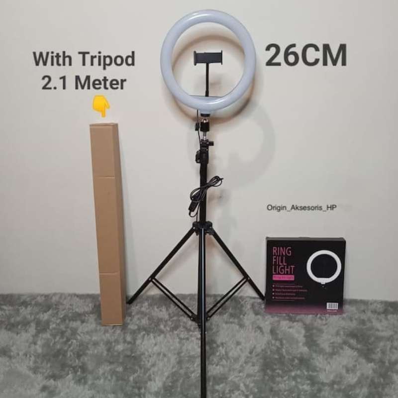 Paket Komplit Ringlight 26cm + Tripod 2,1 Meter Vlog Lampu Ringlight 3 Mode Cahaya 360 Derajat Ball Head