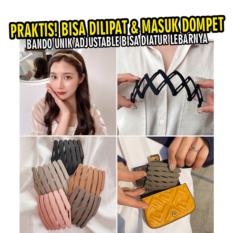 Bando lipat korea rambut wanita doff polos zigzag lebar adjustable ringkas bisa masuk saku dompet