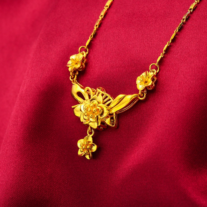 Kalung Rantai Desain Bunga Lapis Emas Bahan Kuningan Gaya Korea Untuk Wanita
