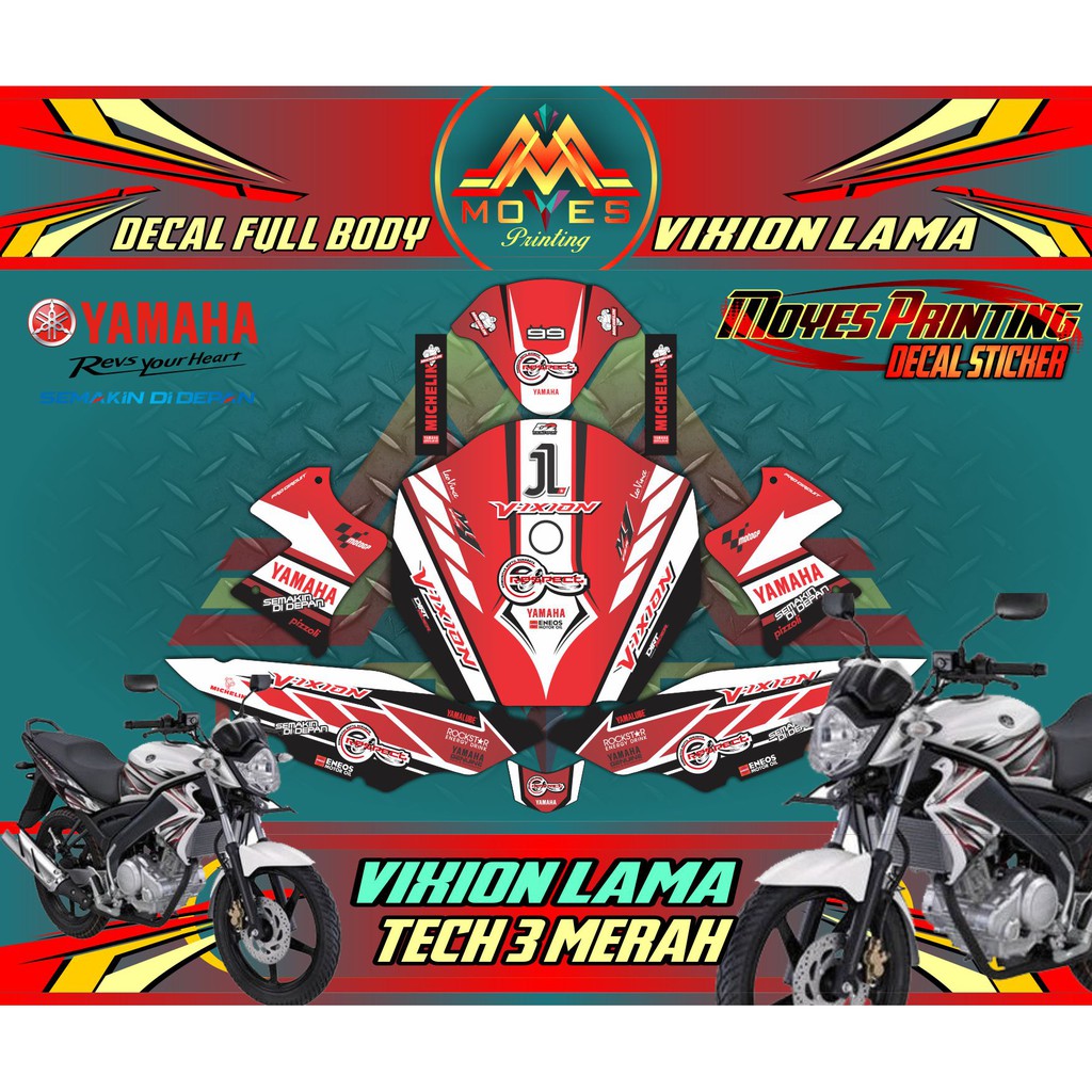 Sticker Variasi Yamaha Vixion Lama - Decal Sticker Full Body Motor Vixion Old Motif Tech 3 Merah