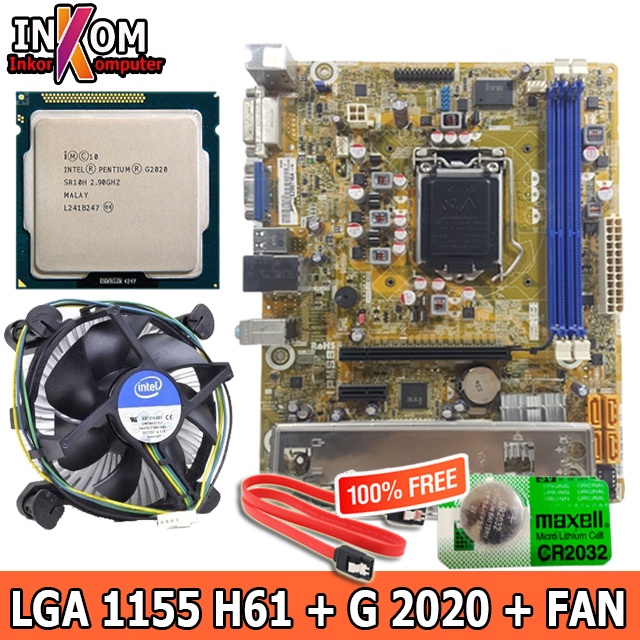 Mainboard Mobo Motherboard Oem LGA 1155 H61 + Prosesor Intel G2020 + fan