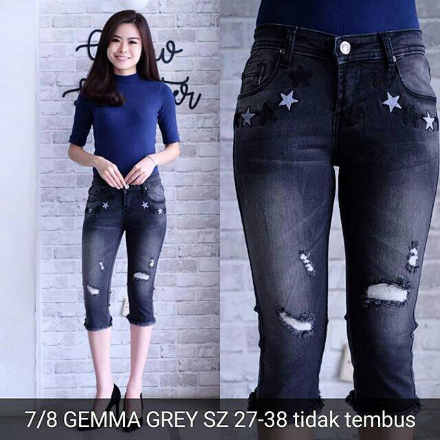 CELANA RIPPED JEANS IMPORT WANITA MURAH 7/8 GEMMA GREY JEANS
