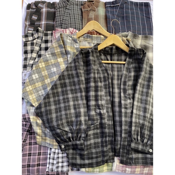 outer kemeja oversize flanel lengan balon grid viral