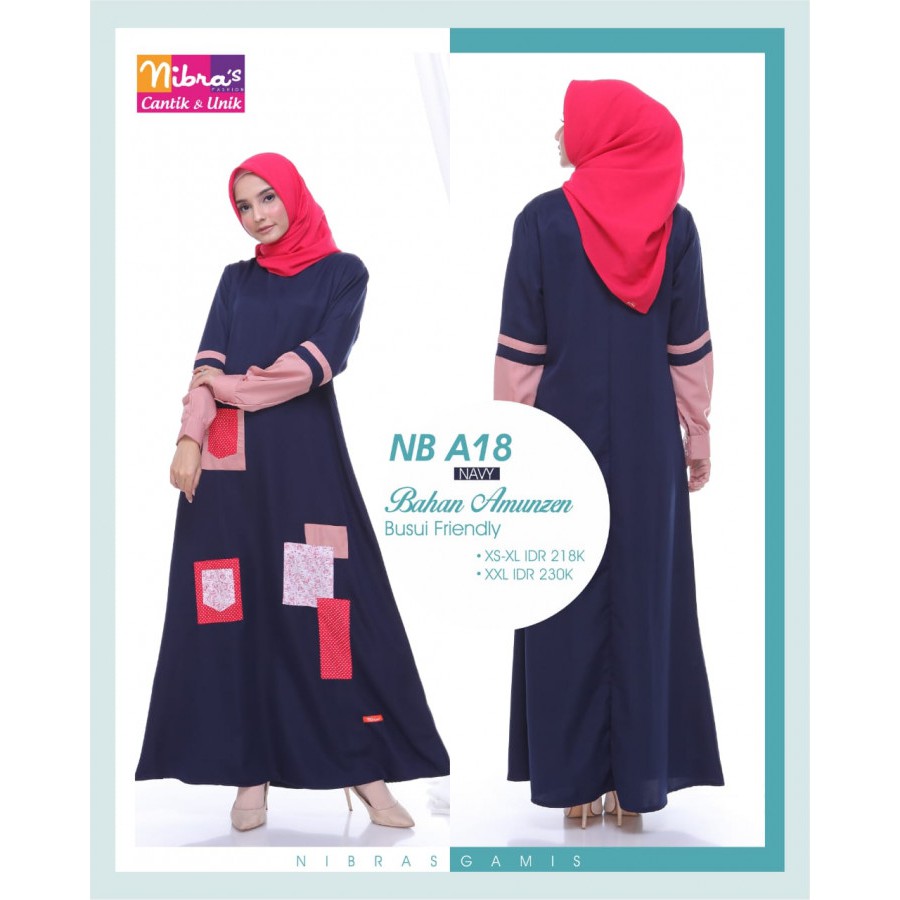 NIBRAS GAMIS NB A18 NAVY BAHAN AMUNZEN BUSUI FASHION MUSLIMAH TERBARU SYARI MURAH