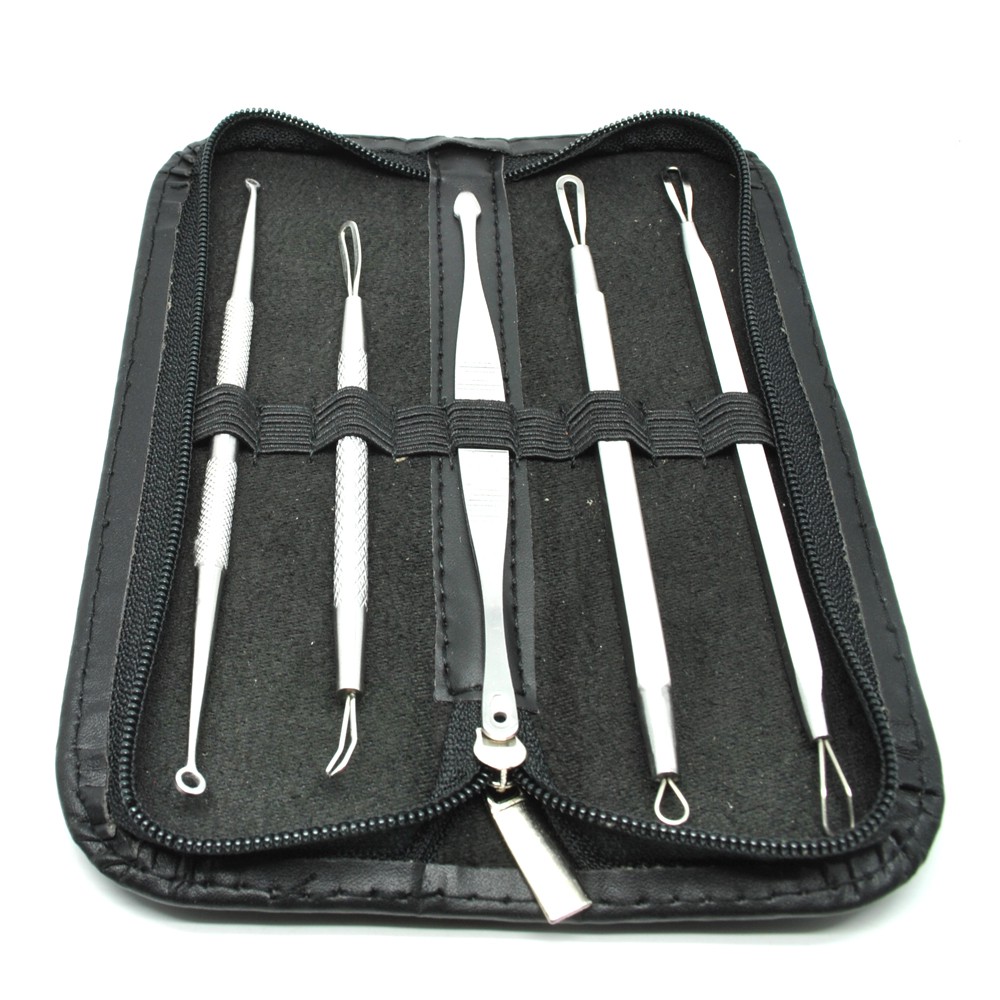 5Pcs Set Alat Pencabut Pembersih Jerawat / Komedo Stainless Steel Pinset