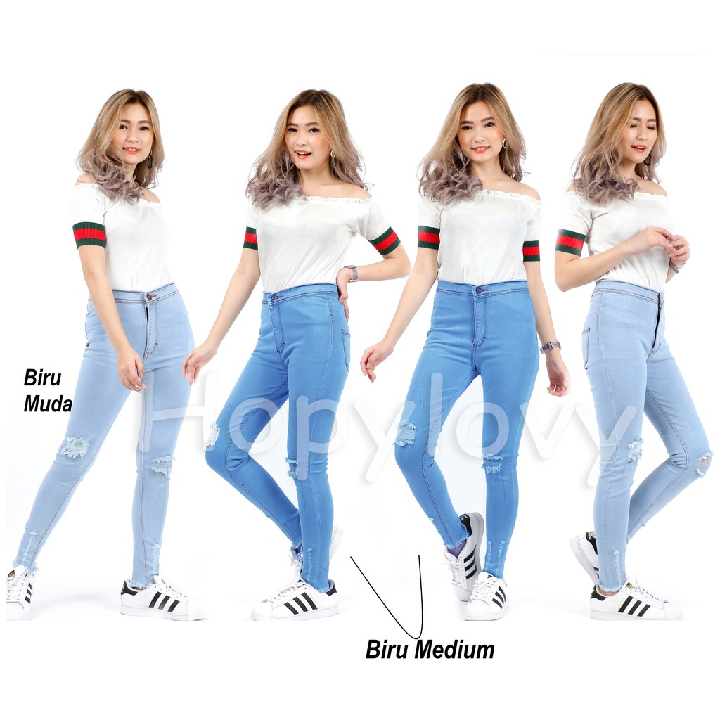 HOPYLOVY Celana Jeans Highwaist Pun Unfinished Ripped Sobek Lutut