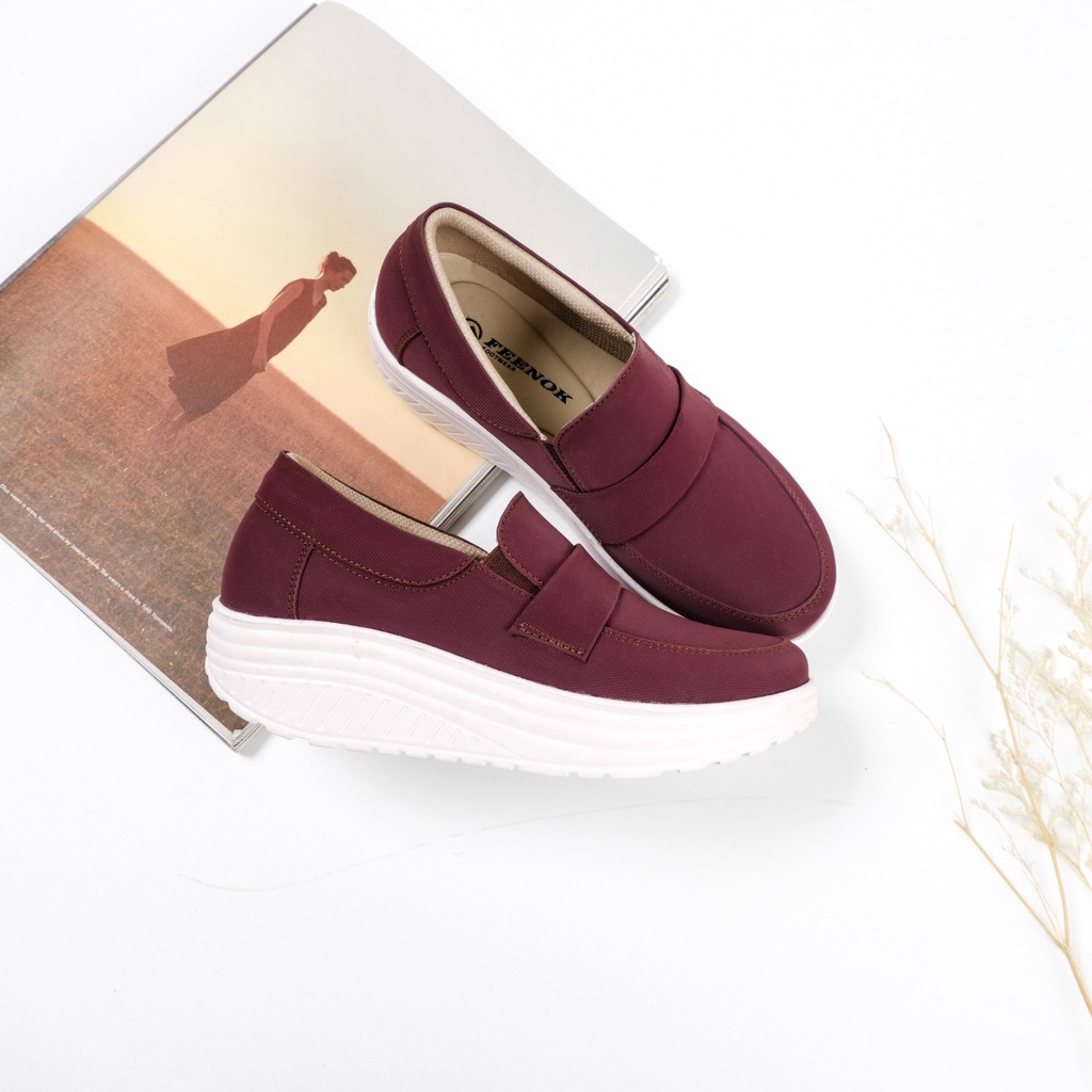 SEPATU Slip on Wedges Heels Mules Casual Formal Wanita AZIZA MERAH MAROON ORIGINAL FEENOK