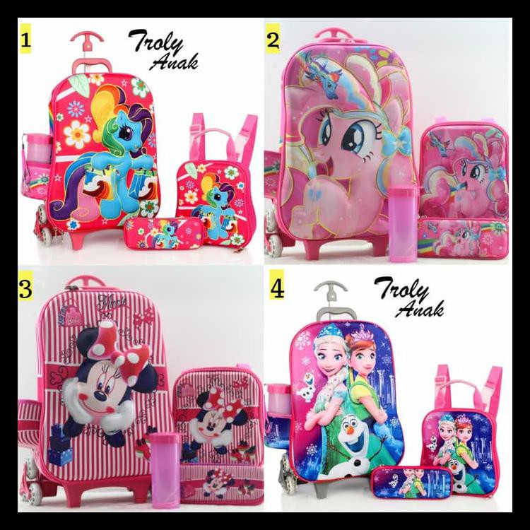 Terlaris Tas Troli Sekolah Anak Tk Sd Motif Perempuan 3 Dimensi 3d 4in1 6 Roda Frozen Birustar Big