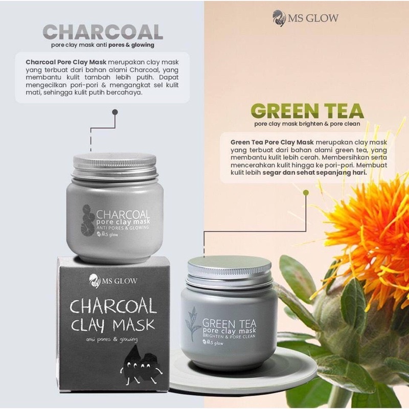 MS GLOW Clay Mask Charcoal / Masker Green tea Original