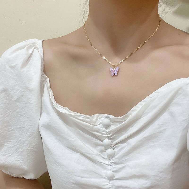 Kalung wanita korea Kupu-kupu Manis Warna Akrilik Kalung Fashion Rantai Aesthetic tmall88