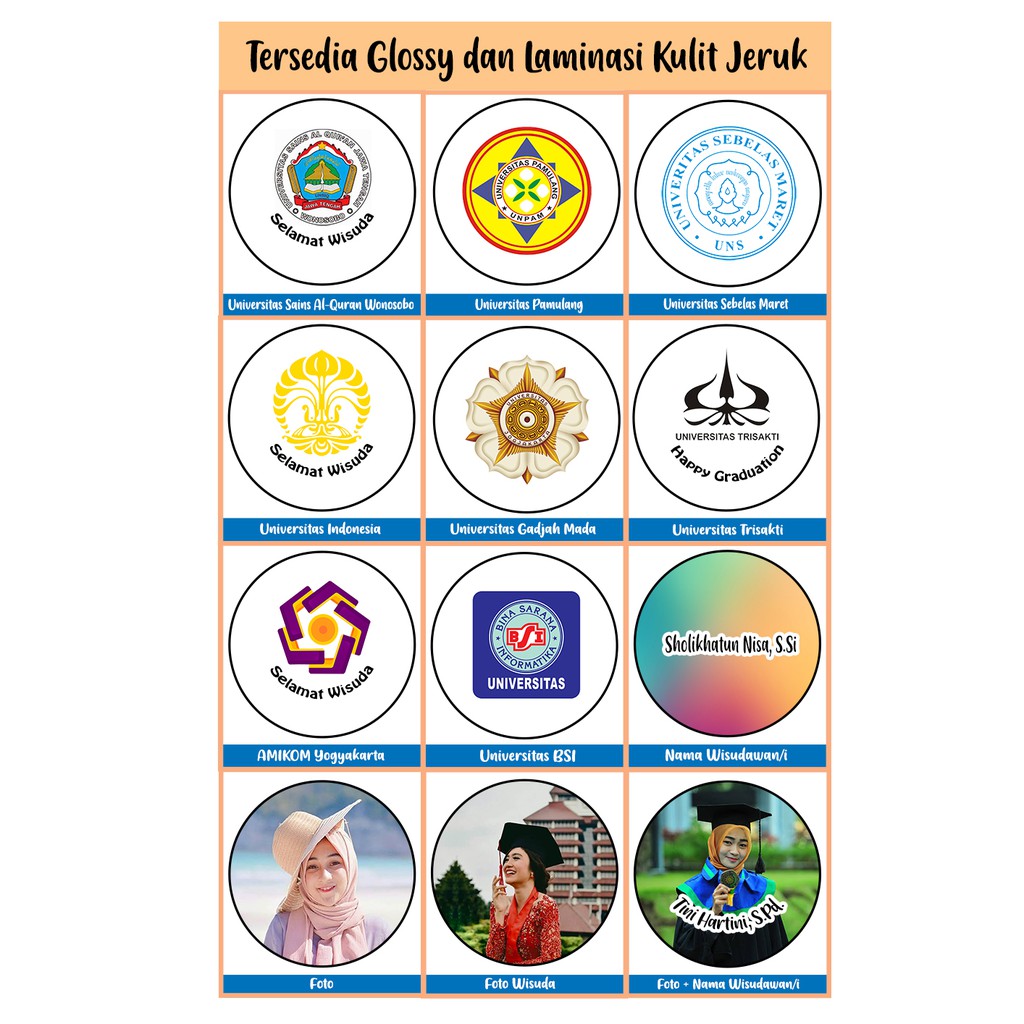 

PIN 44 mm Laminasi Glossy LOGO KAMPUS Universitas Murah FOTO Peniti Bulat Wisuda Sekolah Terlaris