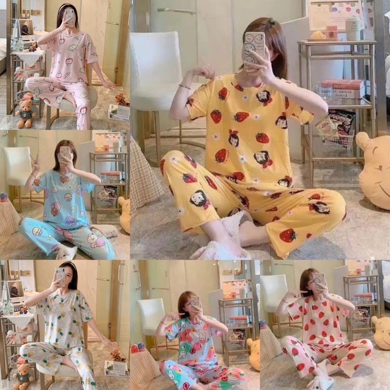 Piyama CP Viral Import Spandek Katun Baju Tidur Wanita Dewasa Impor Setelan Lengan Pendek dan Celana