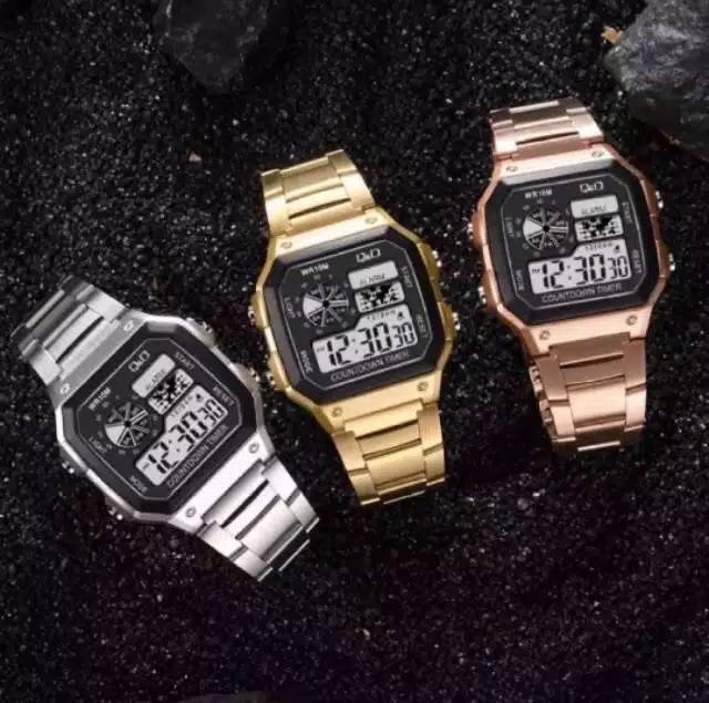 Jam Tangan Pria Kasual Sport Digital QQ AE Segi Strap Rantai Steel