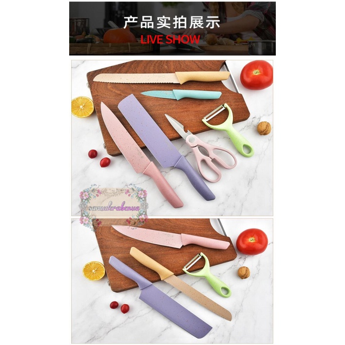 RT84 one Pisau knife Stainless anti lengket 1 Set isi 6 termurah Pisau set lengkap pelapis anti lengket warna pastel SB3465