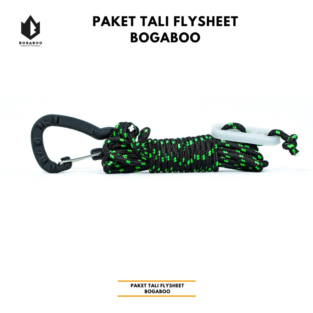 Paket tali flysheet BOGABOO - karabiner abs - guyline glow in the dark - tali perusik 3 MM  - paket tali tenda - paket tali tiang flysheet - bivak set bogaboo