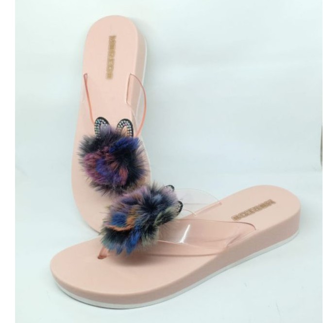 Sandal wanita Dewasa  aplikasi bulu kucing ( morego )