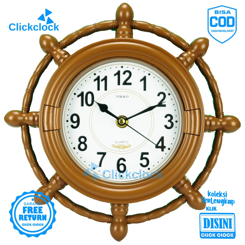 Jam Dinding Quartz Jangkar Kemudi Kapal Cokelat Nikko NK-35028H Besar Unik