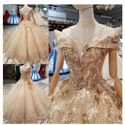Wedding dress off shoulder gold sexy/gaun pernikahan untuk wanita gold lengan bahu