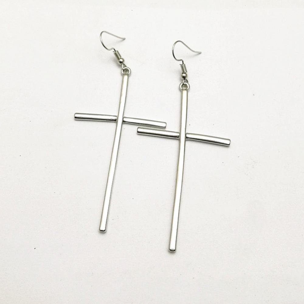 Timekey Anting Tusuk Gantung Bentuk Salib Bahan Stainless Steel Gaya Punk Rock Untuk Wanita A6K7