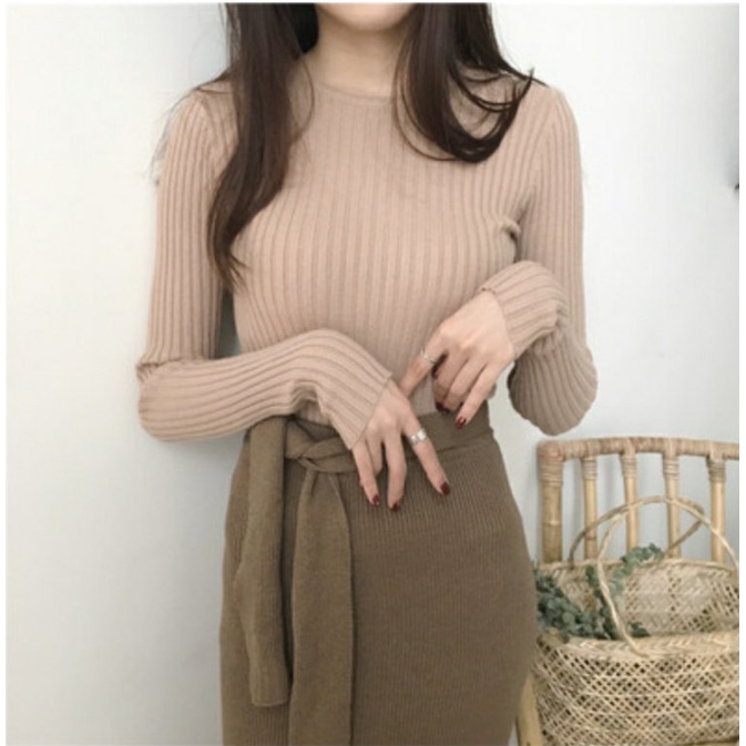 Sweater Rajut Lengan Panjang Kerah Setengah Tinggi Wanita Korea