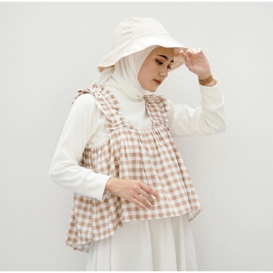 Tanktop Hijab Halal Crop Top Korea Kemben Tartan Gingham Motif Salur Kekinian Jumbo Murah Katun O5E7