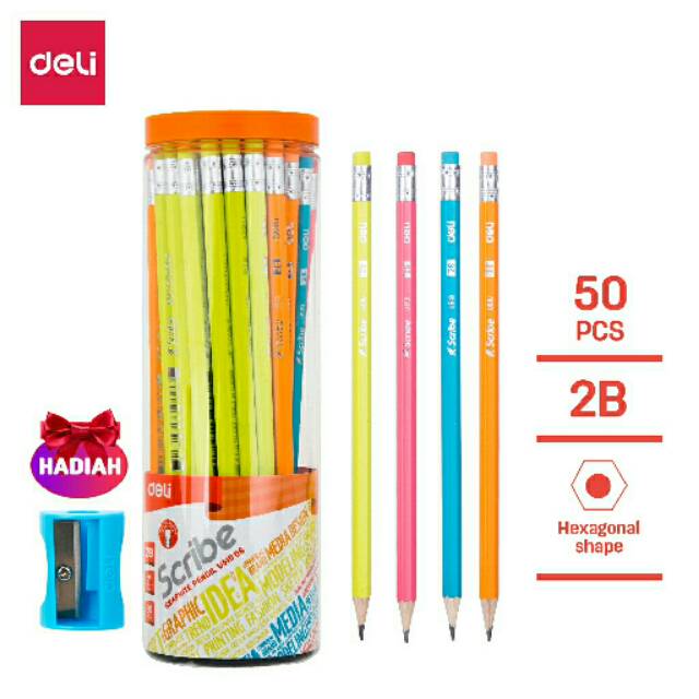 

Pensil 2B dengan penghapus Merk Deli isi 50 pcs/tabung sudah di raut + Bonus rautan