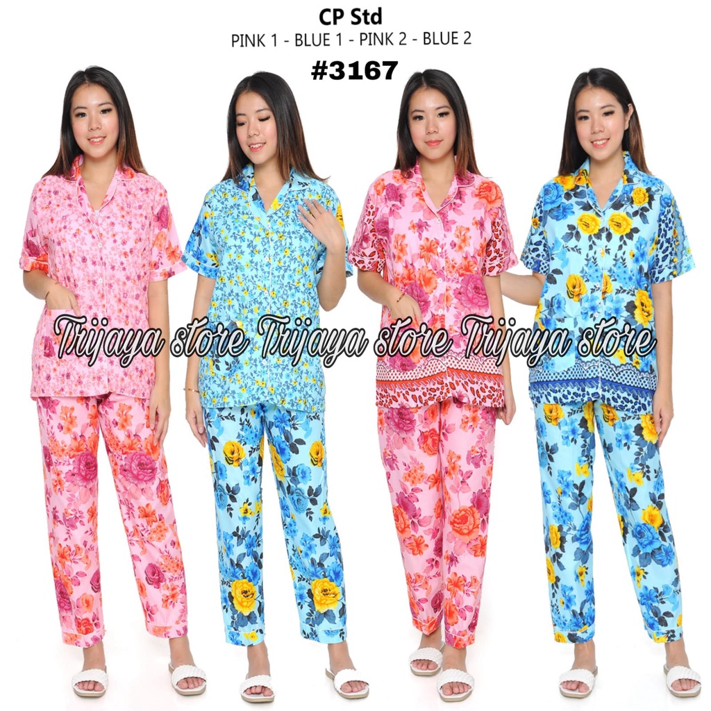 Trijaya . piyama CP wanita allsize motif bunga / baju tidur lengan pendek celana panjang katun eropa