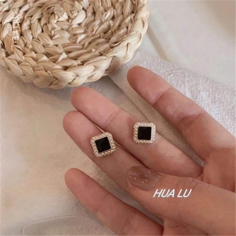 S925 Silver Black Square Pearl Earrings Women Girls Ear Studs Korean Fashion