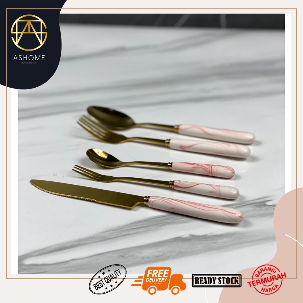 PIRING PINK MARBLE KERAMIK LIST EMAS ELEGAN/ PIRING KERAMIK PINK MOTIF MARMER LIST GOLD ELEGAN MEWAH-SENDOK SET MARBLE