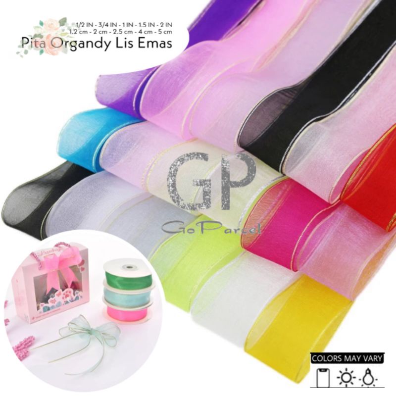 ( 3 Meter ) PITA KADO ORGANDI LIST EMAS 25MM - ORGANDY SILK ORGANZA GIFT RIBBON GOLD EDGE 1INCH  2,5CM