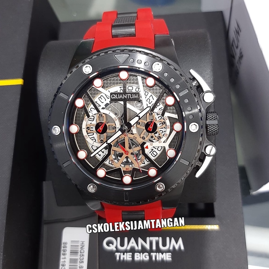 JAM TANGAN PRIA QUANTUM HUNTER HNG535.658 BLACK RED RUBBER CHRONOGRAPH ORIGINAL
