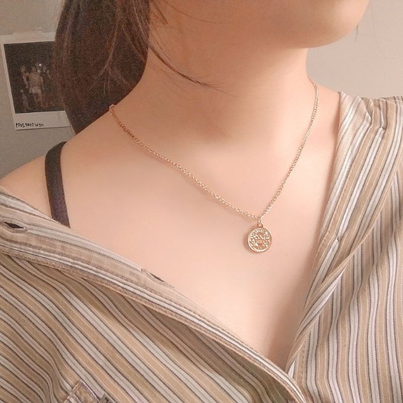 Kalung Wanita Ala Korea Vintage Dengan Liontin Bentuk Koin Warna Gold Modena Retro COD