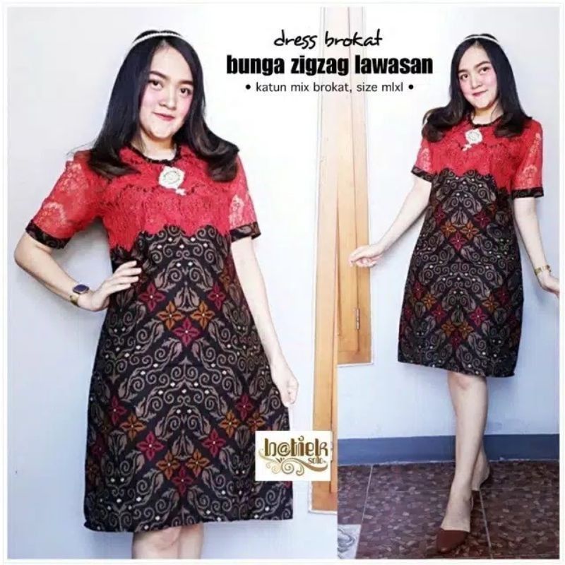 (COD) Dress Brokat Bunga Zigzag Lawasan BestSeller Seragam Batik Kantoran Baju Kondangan dress batik-Dress zigzag merah
