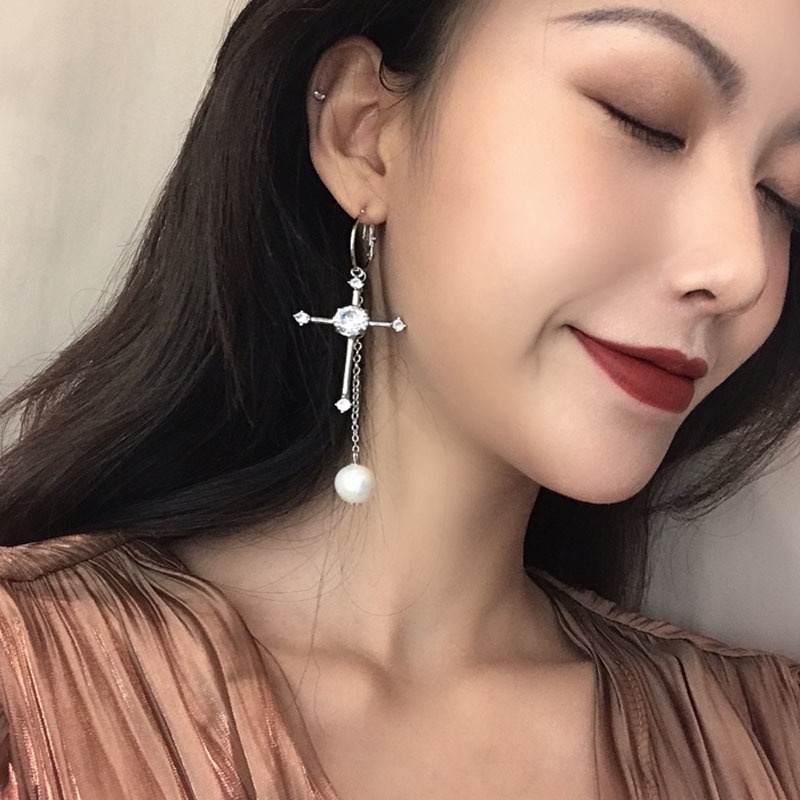 Anting Tusuk Model Silang Dengan Mutiara Gaya Harajuku Untuk Wanita