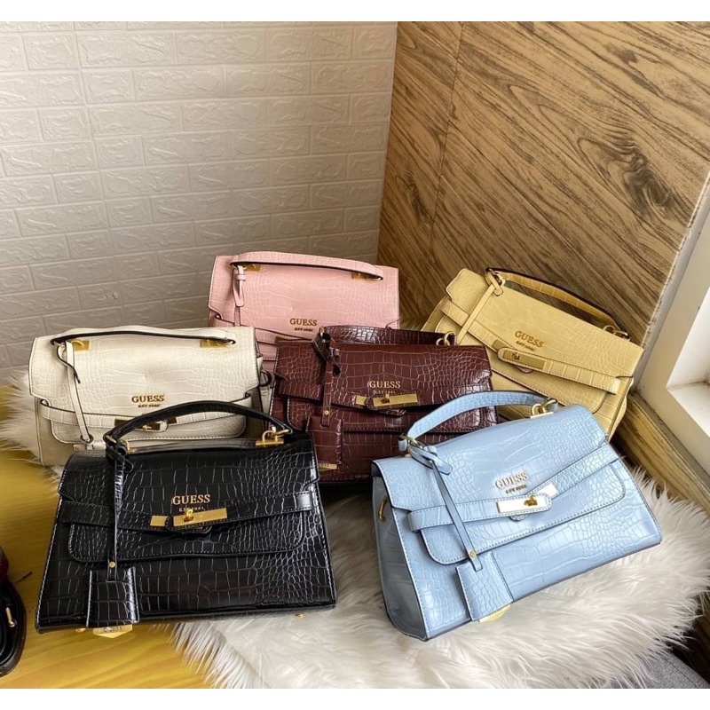 Tas Kulit Selempang Wanita GS Croco Matte Leather Top Handle Slingbag Premium Import Hitam Black Cok