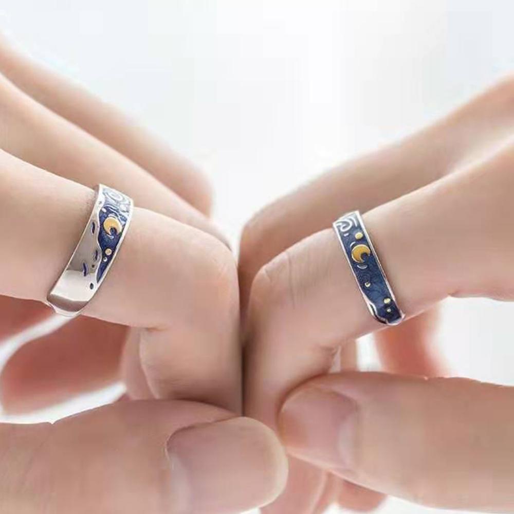 Timekey Cincin Terbuka Adjustable Motif Langit Berbintang Untuk Pasanganpriawanita A6K7