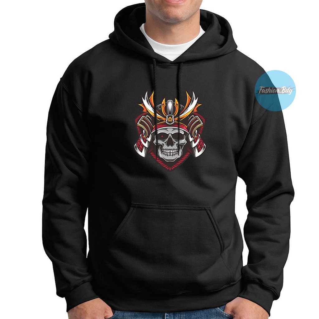 Sweater Hoodie Samurai Skull Bahan Fleece Warna Hitam Navy Merah Abu