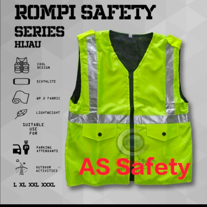 Rompi Safety Proyek Busa Parasut /Dacron Hijau 2 kantong