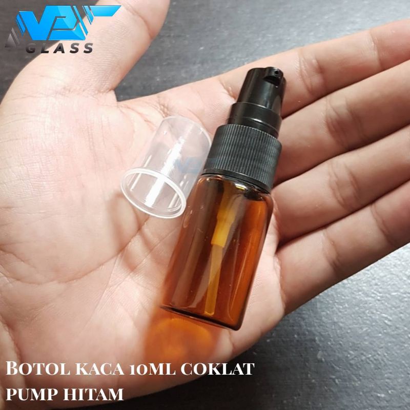 botol kaca 10ml coklat pump hitam / botol kaca 10ml amber tutup pump