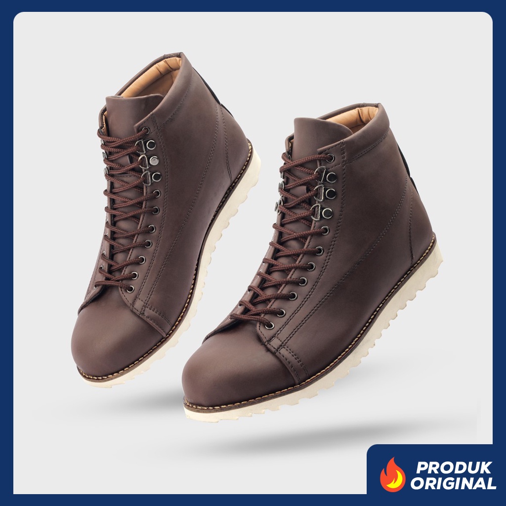 HIDEAKI DARK BROWN ORIGINAL x GIANT FLAMES Sepatu Boots Coklat Pria Casual Vintage Klasik Jalan Santai Hangout Kuliah Kerja Formal Boot Semi Kulit Premium Leather Classic Shoes Motor Bikers Touring Footwear Big Size Ukuran Besar Jumbo 44 45 Keren Terbaru