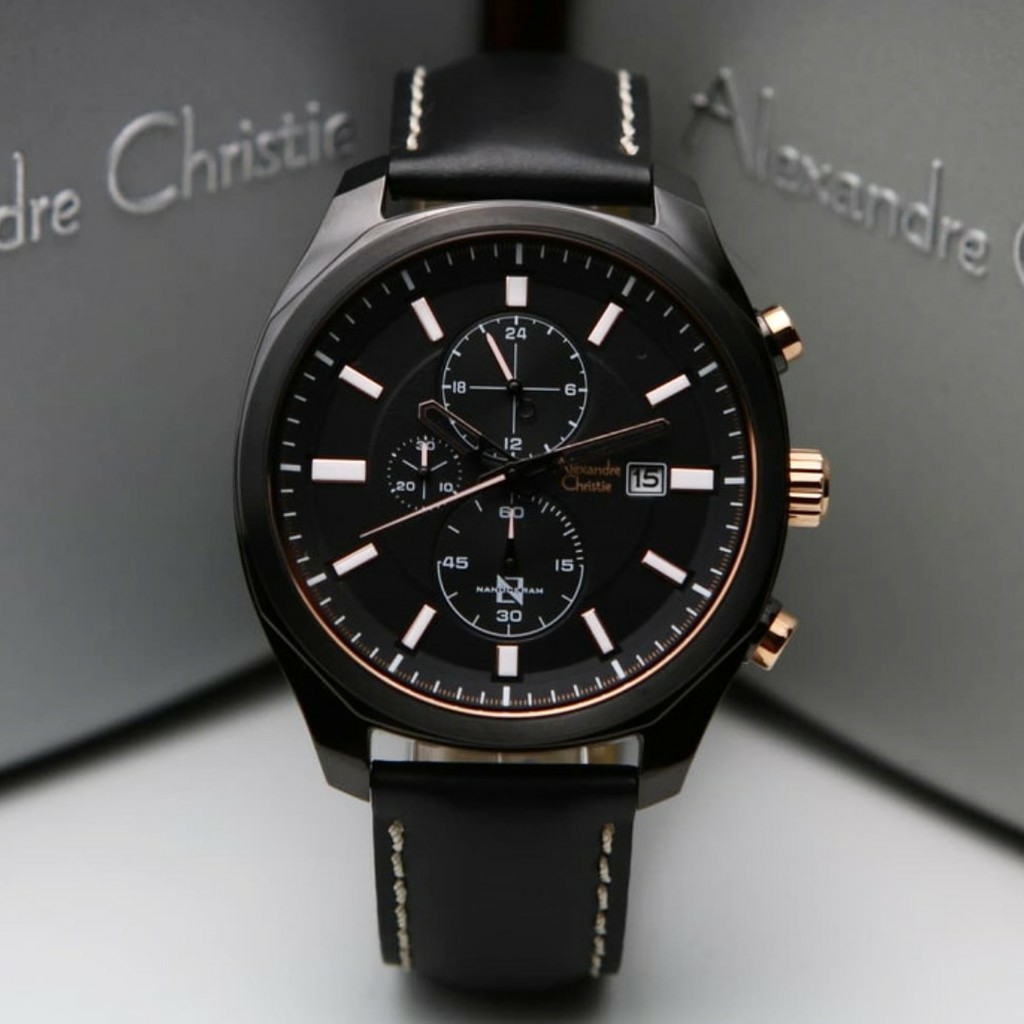 AC Alexandre Christie 6550 jam tangan pria kulit hitam tombol rose gold