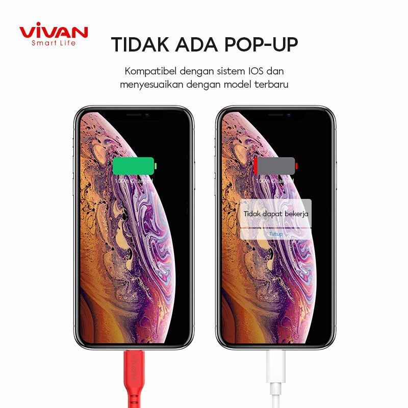 Kabel Data iPhone Lightning 2.4A VIVAN VSL100 Quick Charge 1M - Garansi Resmi 1 Tahun