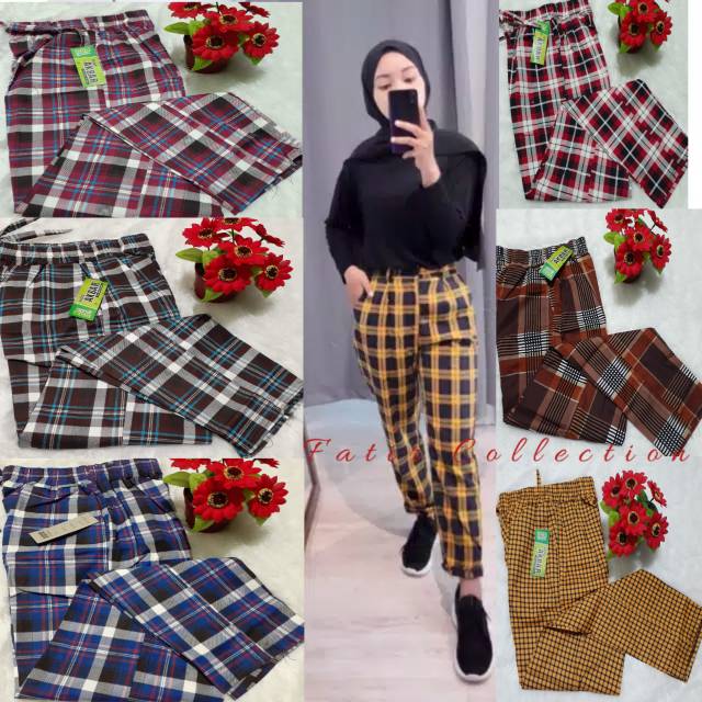 CELANA KOTAK//BAGGY PANTS KOTAK//CELANA KATUN STRIT MOTIF KOTAK