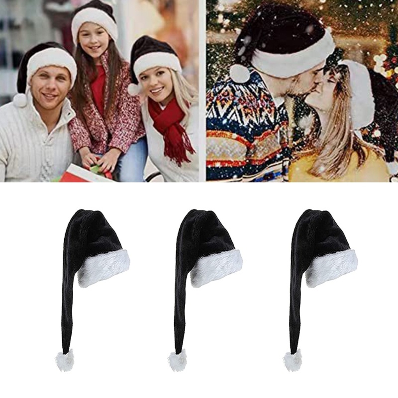 Topi Santa Bahan Velvet Warna Hitam Dan Putih Gaya Klasik Untuk Natal